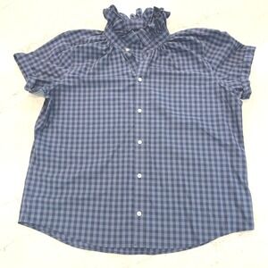 KMJ Kate McHale Jensen XL Blue Plaid Ruffle Collar Short Sleeve Button‎ Up Top